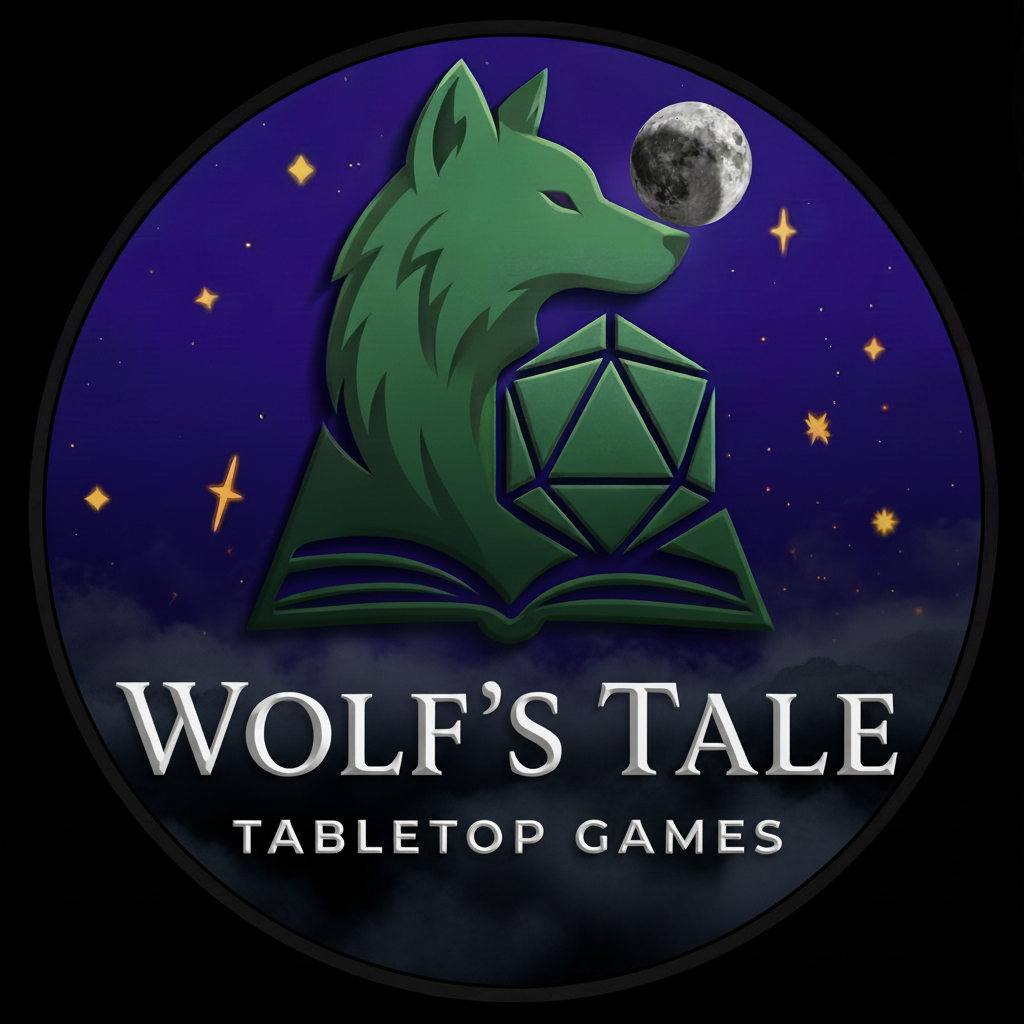 Wolf’s Tale Tabletop Games Loveland CO logo – green wolf and d20 die with moon and open book on fantasy starry background